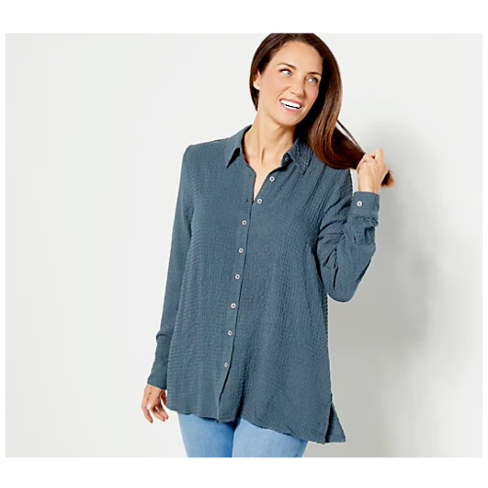 Denim & Co. Textured Petite XL Regular Button-Front Tunic-Drk Slate A468447